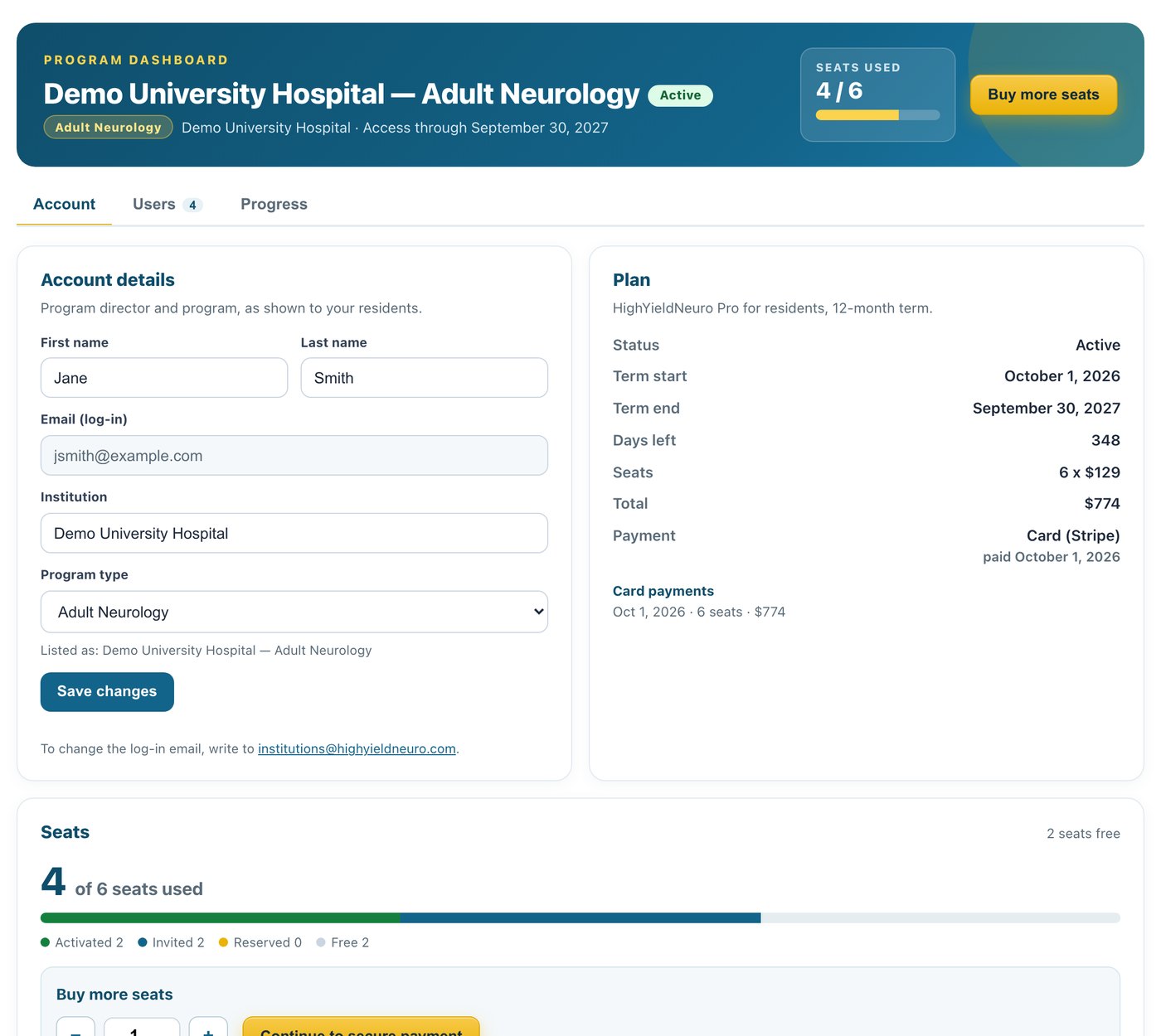 Program dashboard Account tab: program details, plan and term, seats used and buy more seats