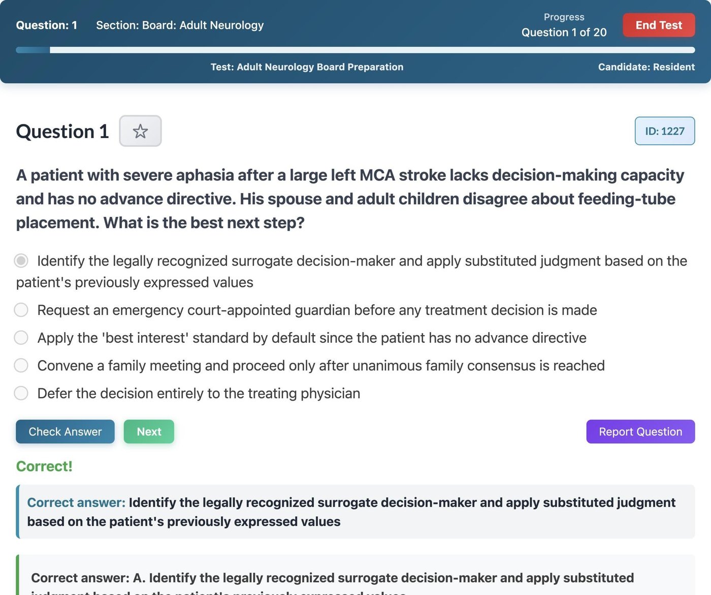 Question bank: a board-style question with the correct answer and a detailed explanation