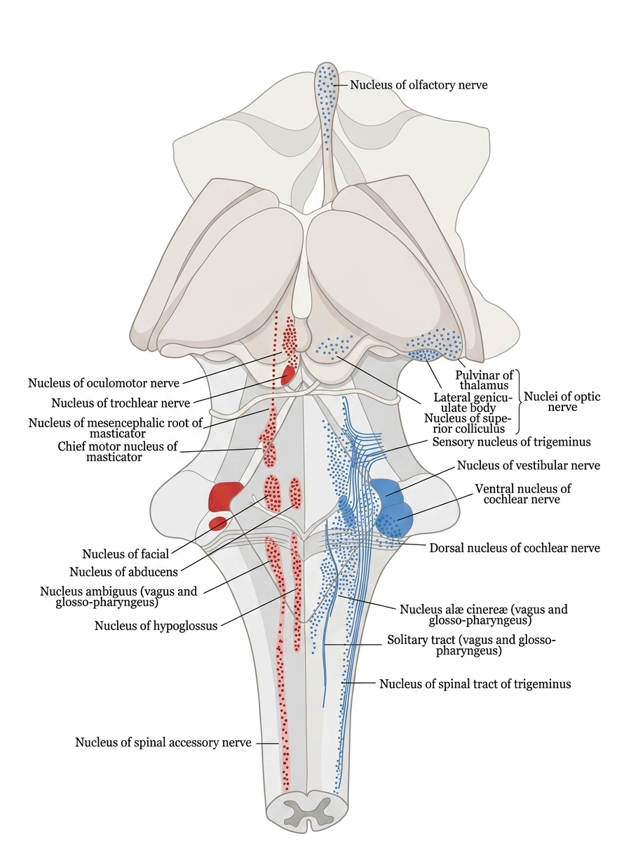 Cranial-nerve nuclei of the brainstem, motor in red and sensory in blue