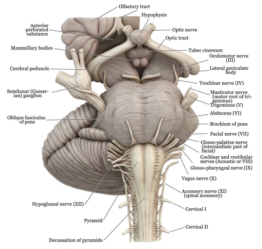 Ventral surface of the brainstem with cranial-nerve roots