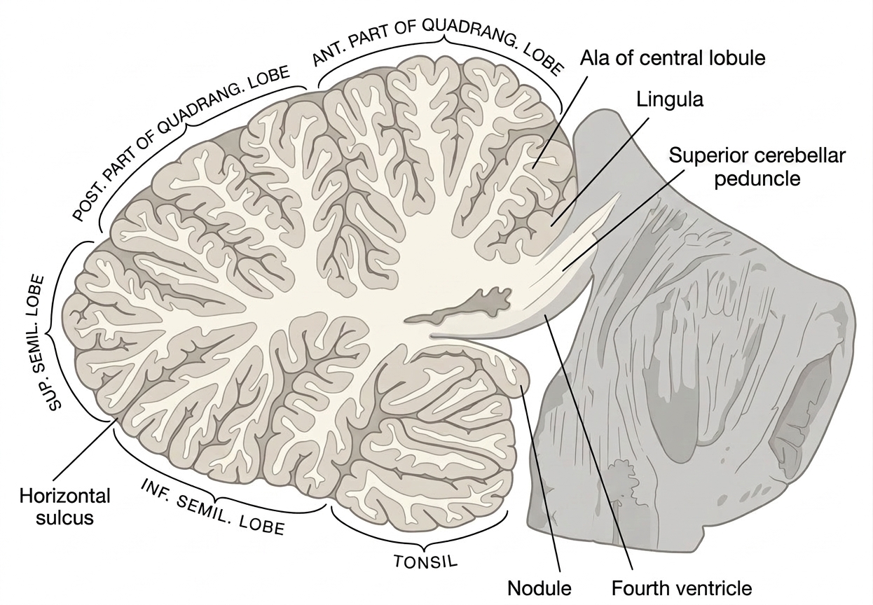 Horizontal section of the cerebellum showing the deep nuclei