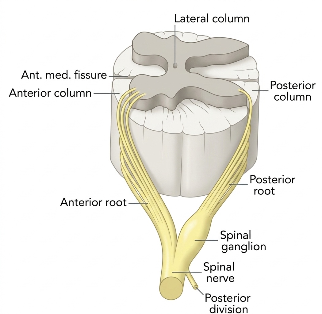 Formation of the spinal nerve from dorsal and ventral roots