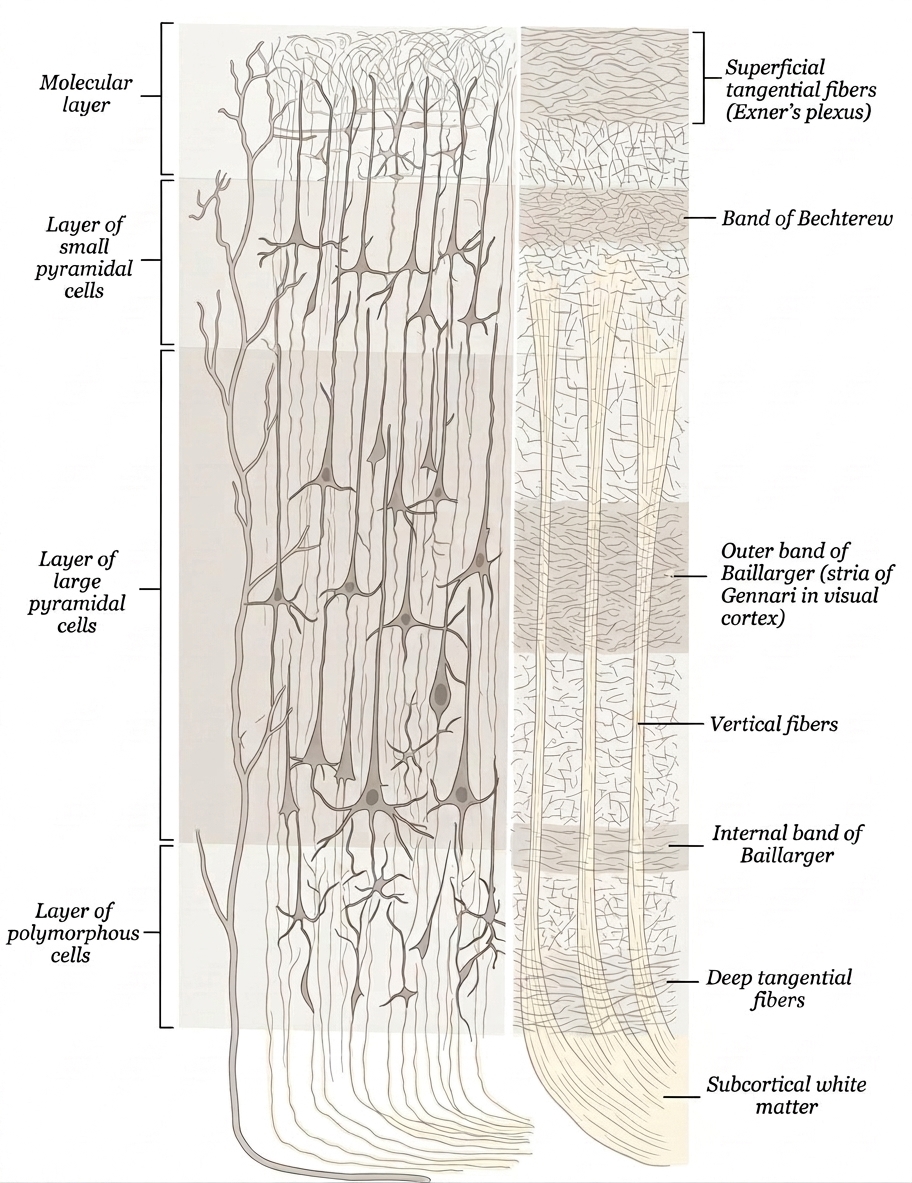 Cortical lamination — cellular layers and intracortical fiber laminae