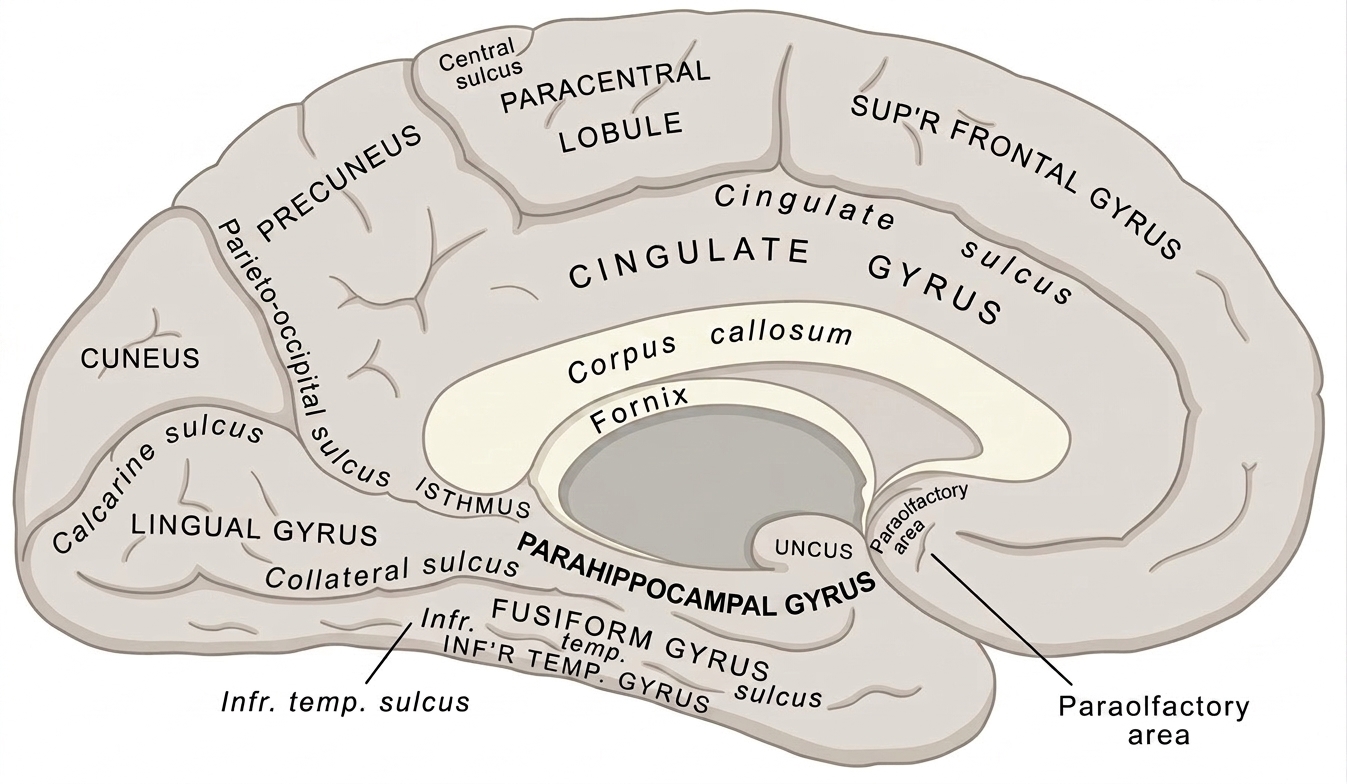 Medial surface of the cerebral hemisphere showing the limbic lobe: cingulate gyrus, fornix, mammillary body, and parahippocampal gyrus