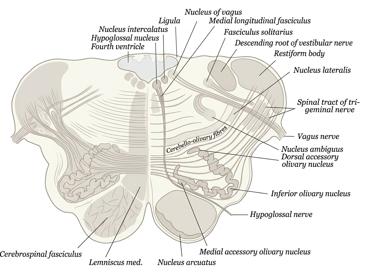 Rostral open medulla cross-section at the olivary level