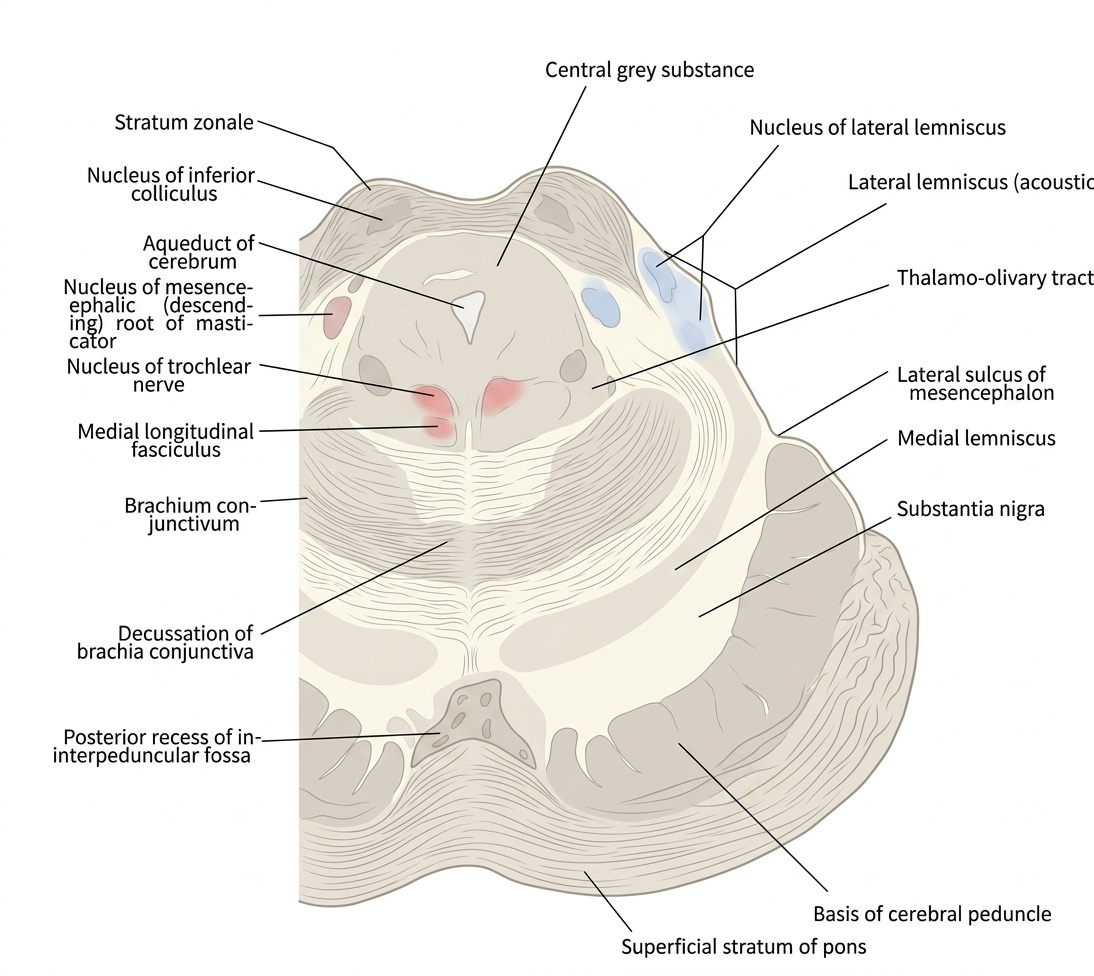 Midbrain cross-section at the inferior colliculus level