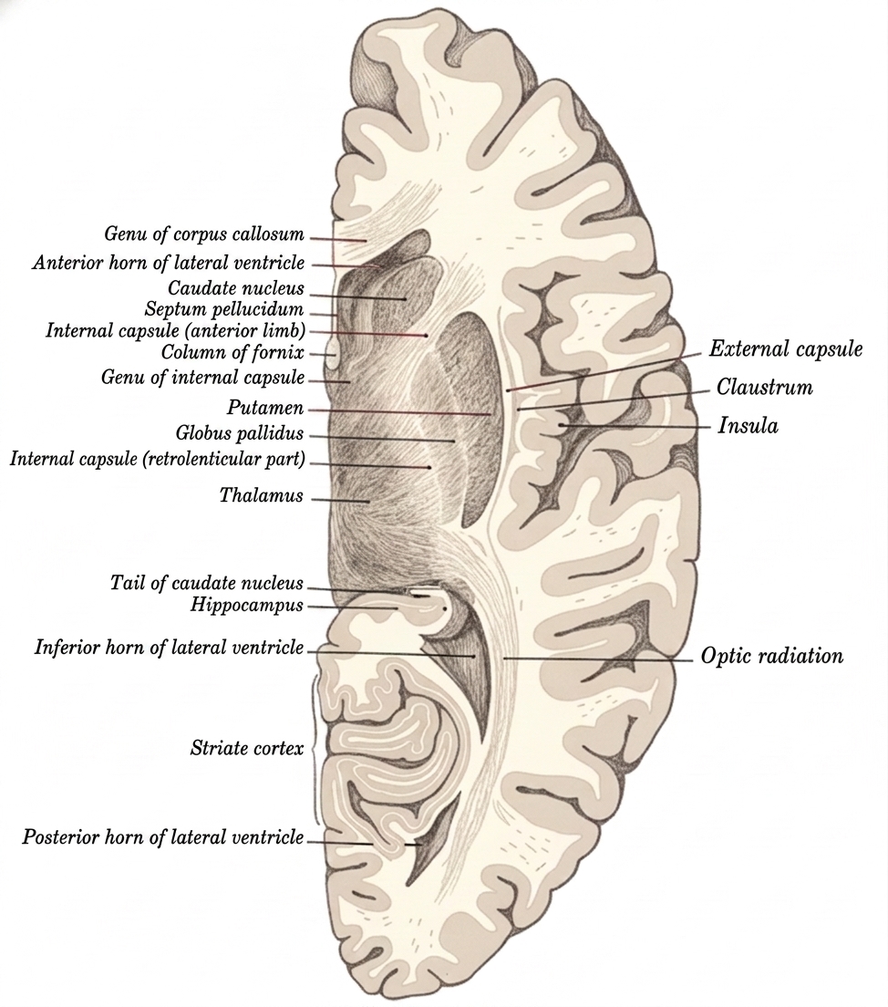 Axial section of the hemisphere showing the basal ganglia and internal capsule