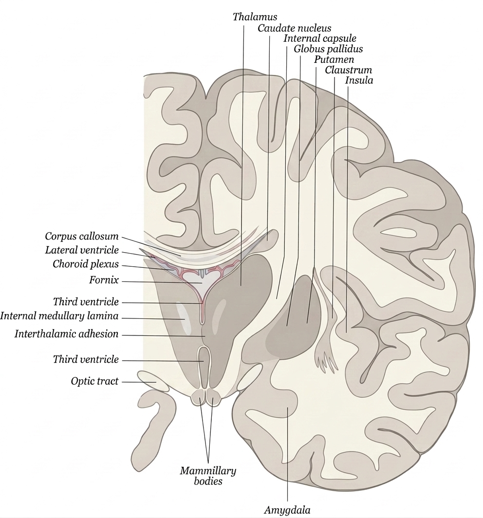 Coronal section at the interthalamic adhesion showing the thalamus
